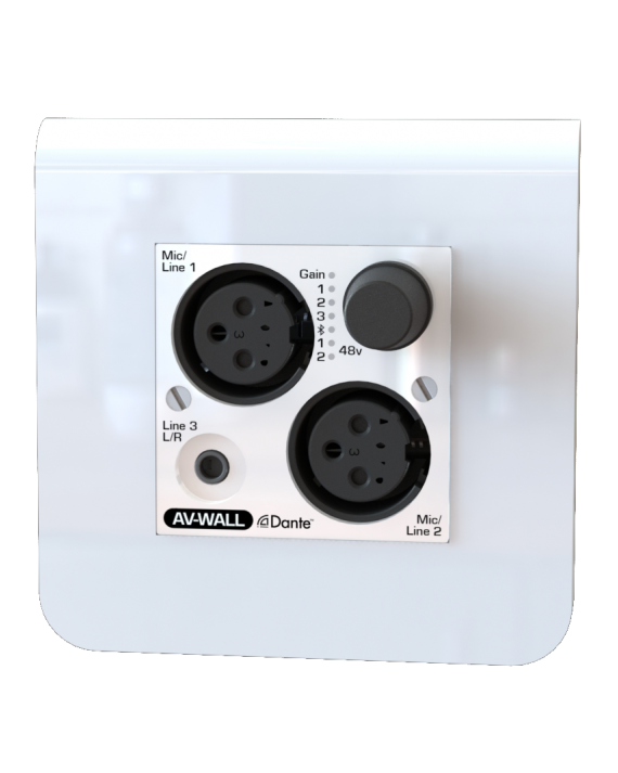 AUVITRAN - AV-WALL-DT4i -  AV-WALL con 2 entradas de micrófono XLR y miniconector estéreo a Dante con control de ganancia local