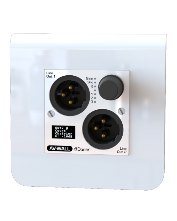 AUVITRAN - AV-WALL-DT4o-B -  AV-WALL con 2 salidas XLR y miniconector estéreo de Dante con pantalla y selección de ganancia
