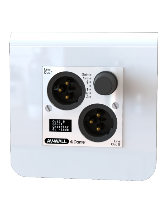 AUVITRAN - AV-WALL-DT4o-B -  AV-WALL con 2 salidas XLR y miniconector estéreo de Dante con pantalla y selección de ganancia