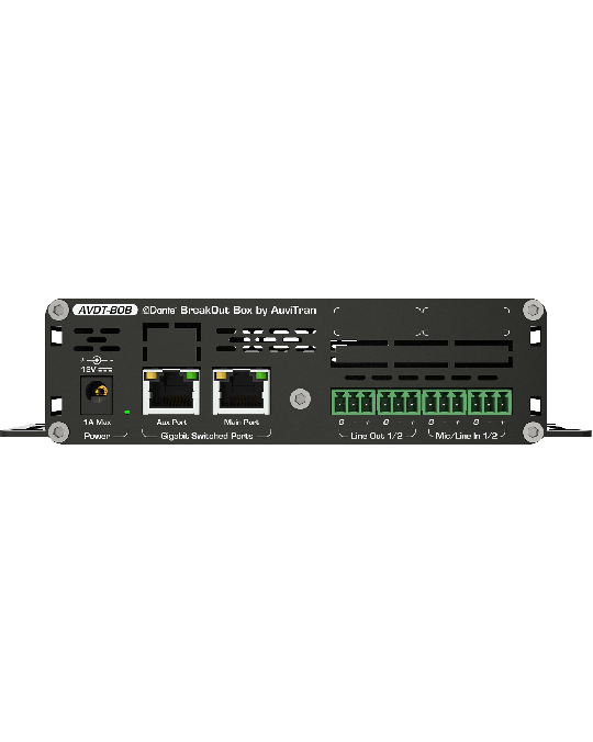 AUVITRAN - AVDT-BOB-AE4IO -  AVDT-BOB con 2x RJ45 (1x PoE) y 2x entradas de micrófono + 2x salidas de línea en Euroblocks