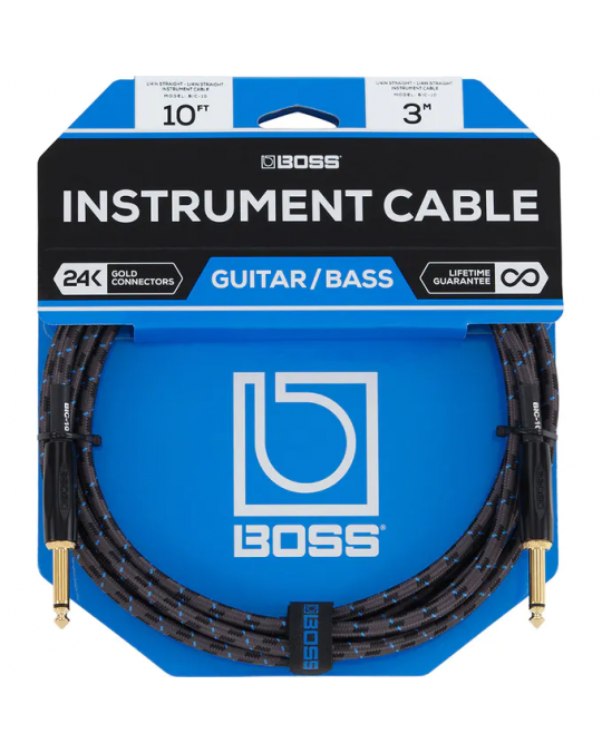 BIC-10 Cable de instrumento Boss serie GOLD longitud 10 ft./3 m plug recto 6.3mm - plug ángulo recto 6.3mm chapa de oro 24k c/recubrimiento de tela por BOSS